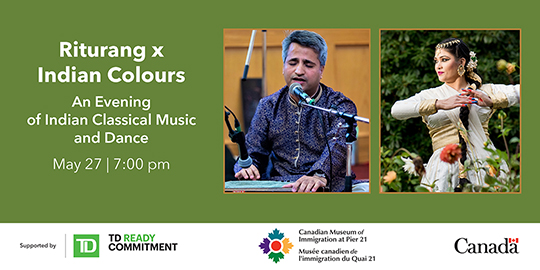 Event info and two photos of a traditionally dressed Indian woman in a field of flowers, and an Indian man singing at a keyboard.
